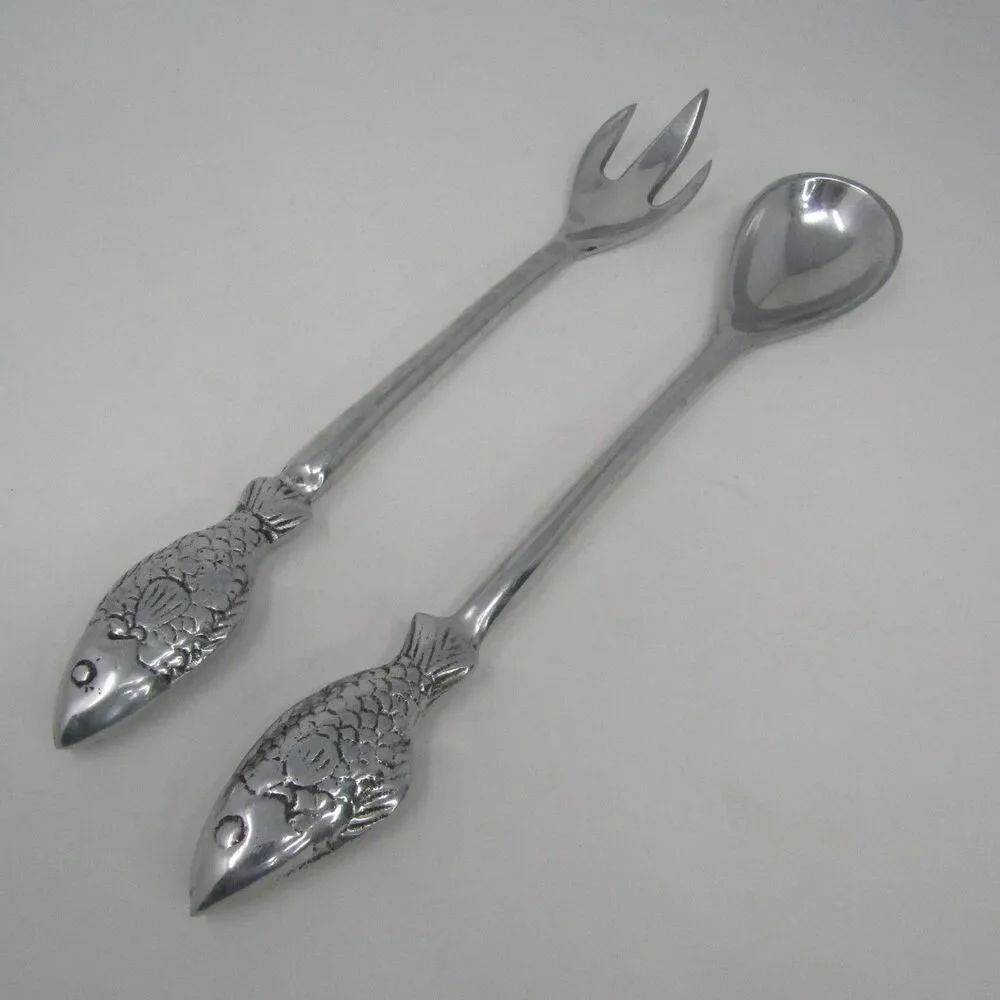 Vintage Fish Handle Salad Serving Set Aluminum Spoon Fork Coastal Decor 12.5
